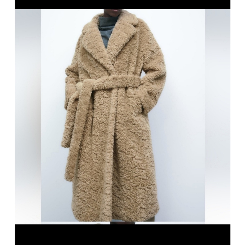 Zara Long Fleece Faux Fur Coat Jacket Brown Size L NWT - Picture 6 of 11
